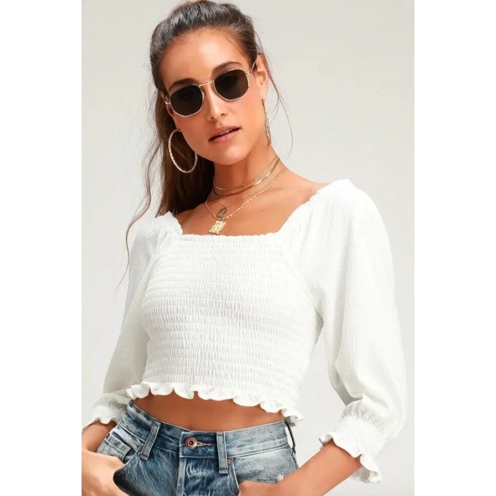 Free people smocked crop top square neck, puffed sleeves sm ivory